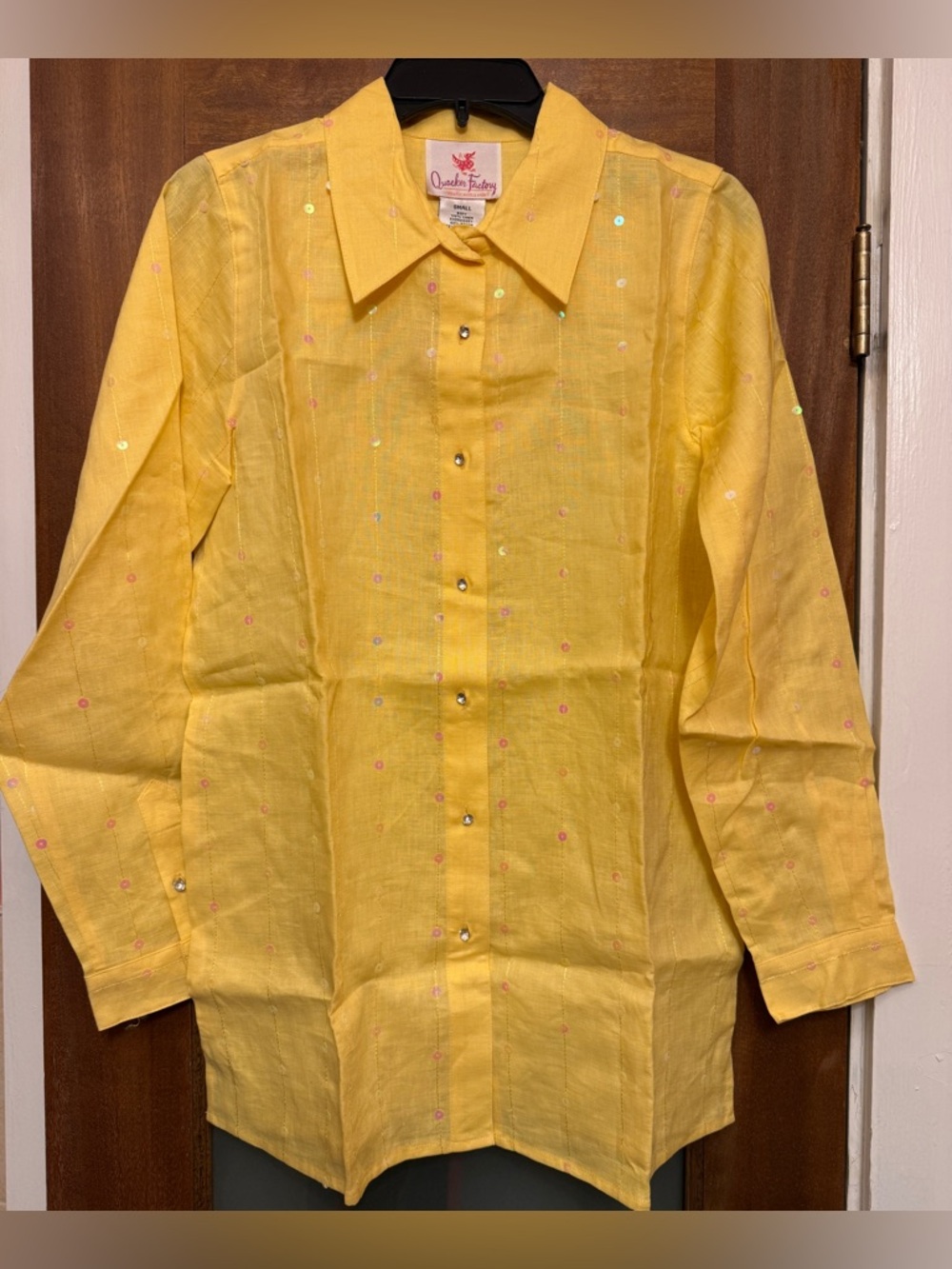 Quacker Factory Women’s Yellow Linen LS Button Down Sequin Rhinestone Shirt
